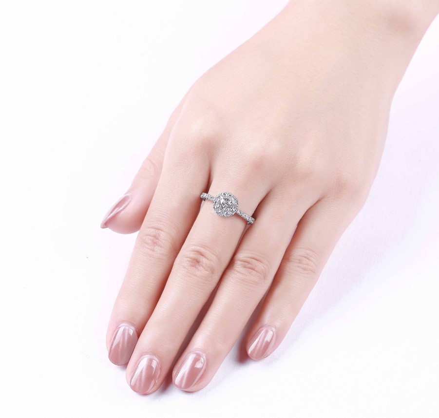 Rings Smiling Rocks | Engagement 0.76Ct Halo Ring With Diamond Shank R-00064Wht