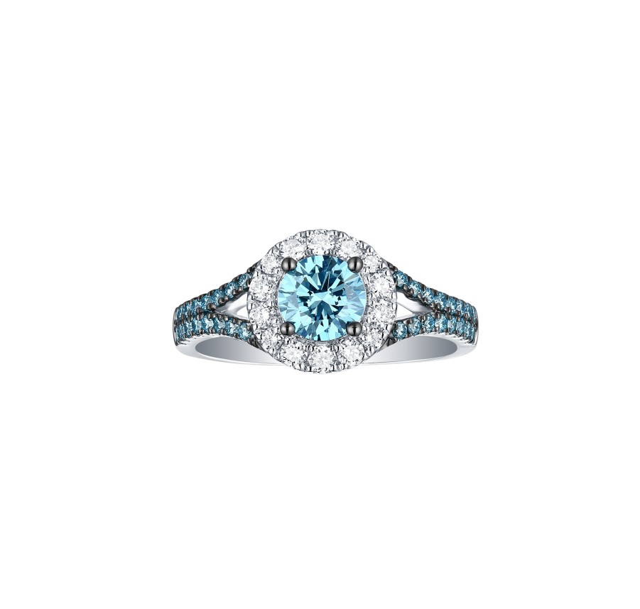 Rings Smiling Rocks | Blush Blue 1.30Ctw Halo Split Shank Diamond Ring R-00513Blu White Gold