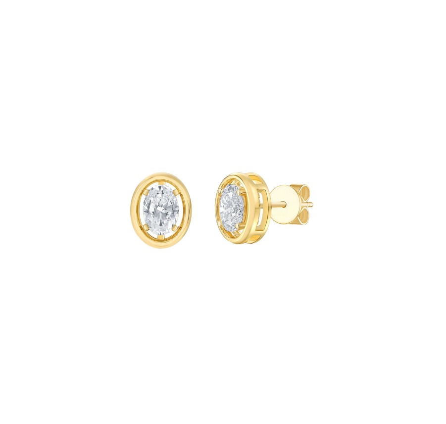 Earrings Smiling Rocks | Lab Grown 1.20Ctw Solitaire Oval Frame Earrings E-03738Wht Yellow Gold