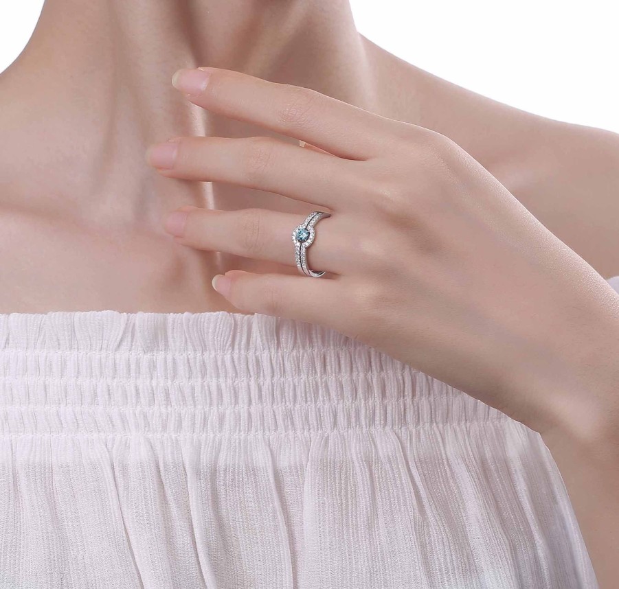 Rings Smiling Rocks | Blush Blue 0.45Ctw Halo Diamond Ring R-00495Blu White Gold