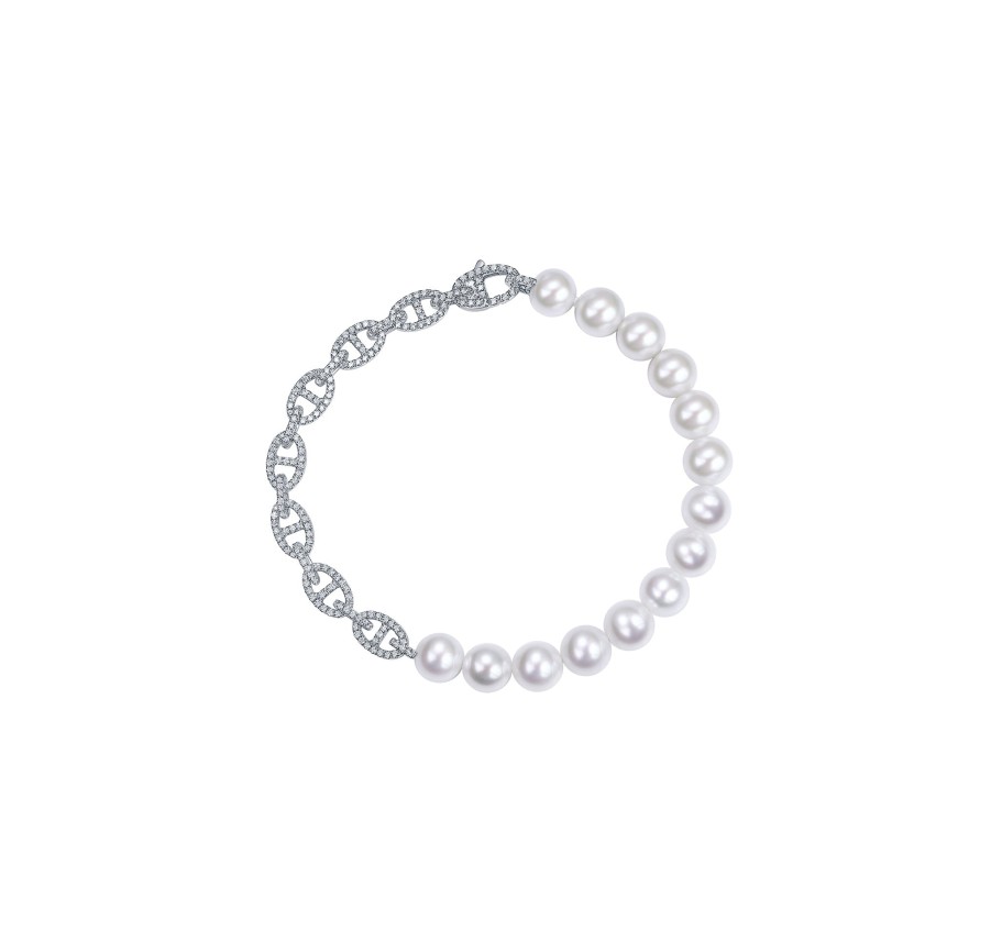 Bracelets Smiling Rocks | Lab Grown 1.58Ctw Diamond With Pearl Bracelet Bl-03772Wpe White Gold