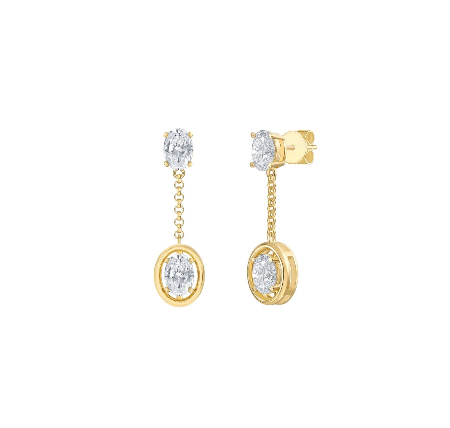 Earrings Smiling Rocks | Lab Grown 2.00Ctw Oval Drop Diamond Frame Earrings E-03746Wht Yellow Gold