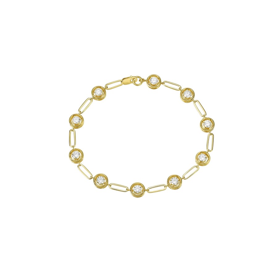 Bracelets Smiling Rocks | Lab Grown 2.29Ct Round Framed Diamond With Chain Bracelet Yellow Gold