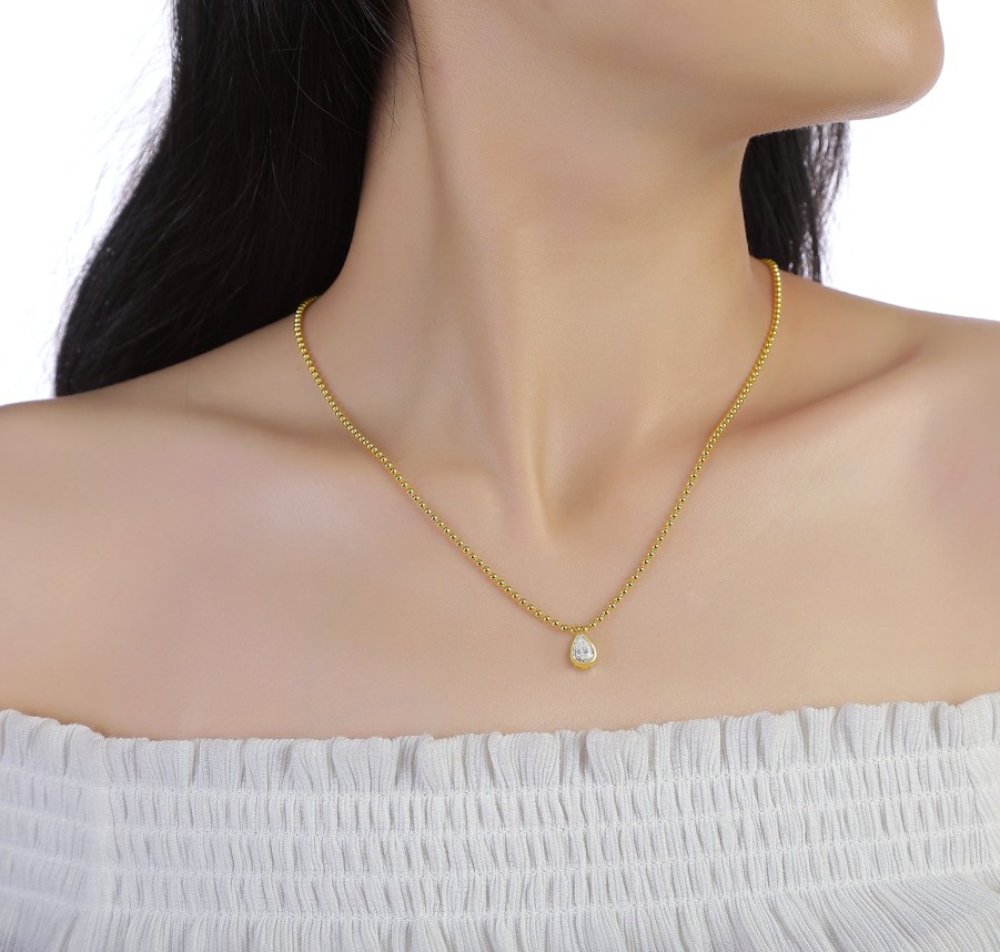 Necklaces Smiling Rocks | 1 Ctw Ball Chain Necklace With Pear Solitaire Diamond Necklace Yellow Gold