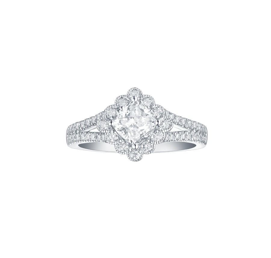 Rings Smiling Rocks | Bridal 1.47Ctw Cushion Halo Ring Lab Grown Diamond R-00542Wht White Gold