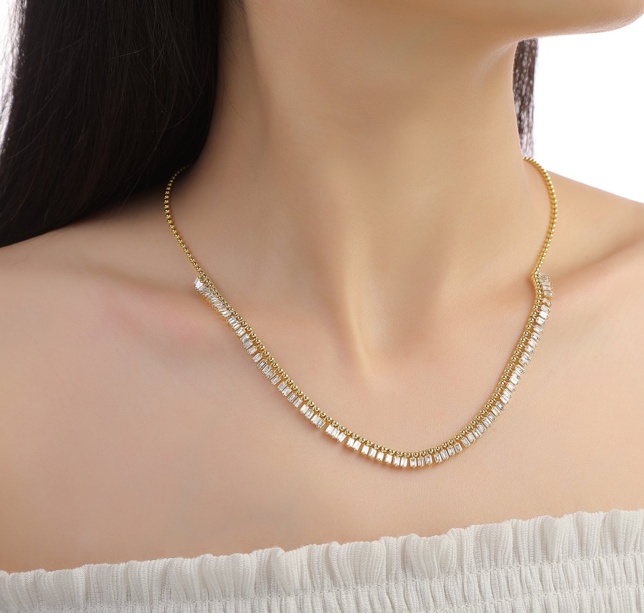 Necklaces Smiling Rocks | 3.59 Ctw Beads Ball With Baguette Drop Dangling Diamond Necklace Yellow Gold