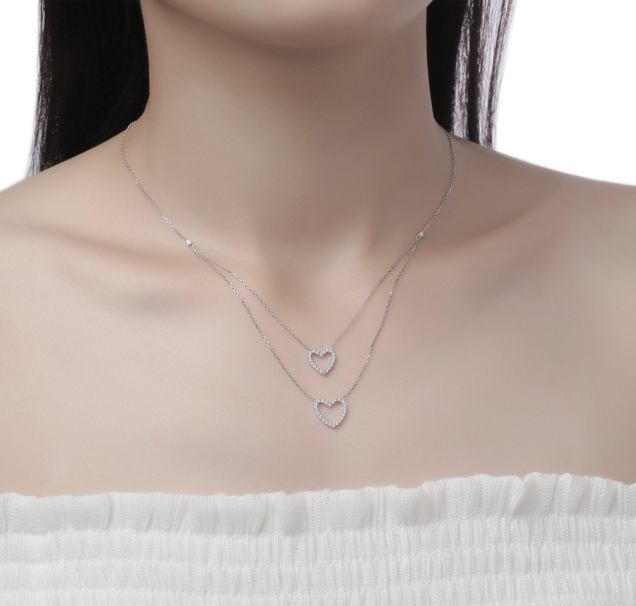 Necklaces Smiling Rocks | Double Layered 0.31Ctw Lab Grown Diamonds Hearts Necklace Nl-00679Wht White Gold