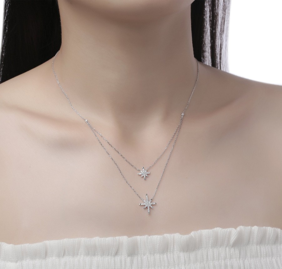 Necklaces Smiling Rocks | Double Layered 0.30Ctw Lab Grown Diamonds Stars Necklace Nl-00681Wht White Gold