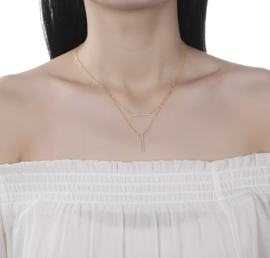 Necklaces Smiling Rocks | Double Layered 0.30Ctw Lab Grown Diamonds Bar Necklace Nl-00680Wht Yellow Gold