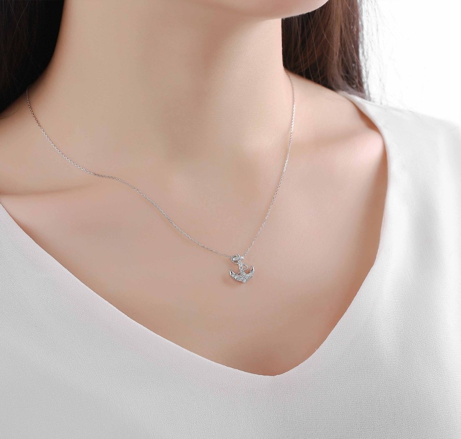 Necklaces Smiling Rocks | Mini 0.23Ct Lab Grown Diamond Anchor Necklace Nl-00226Wht