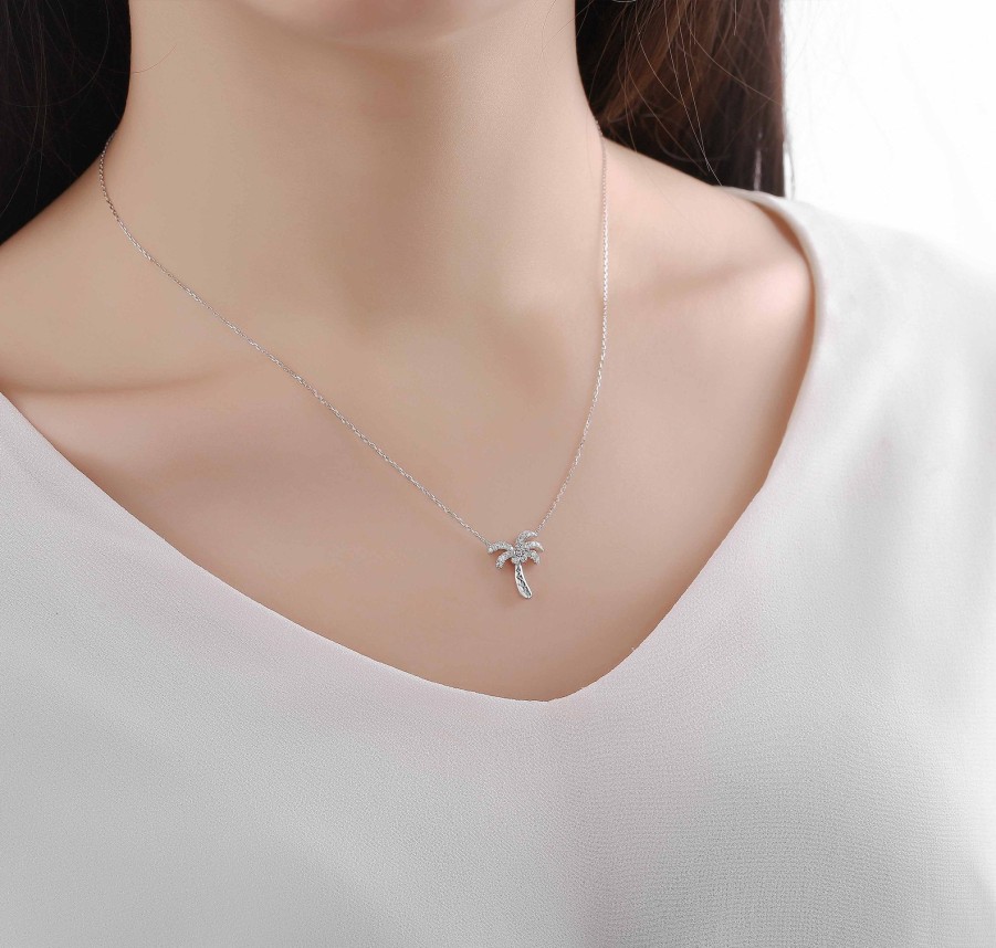 Necklaces Smiling Rocks | Mini 0.22Ct Lab Grown Diamond Palm Trees Necklace Nl-00224Wht