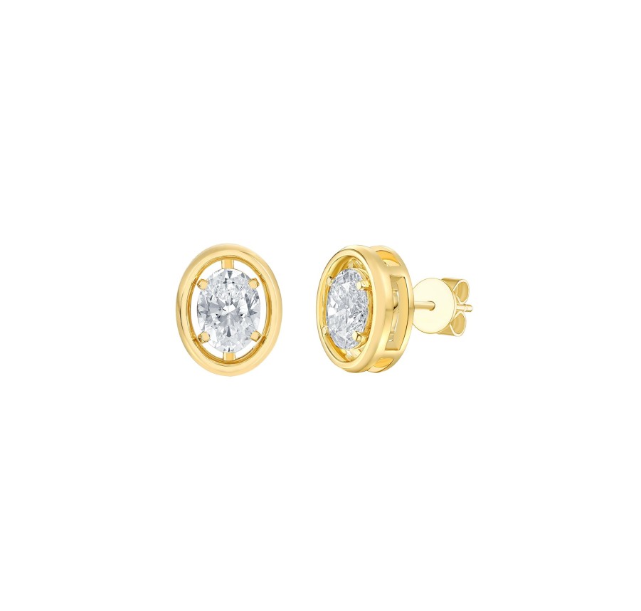 Earrings Smiling Rocks | Lab Grown 2.10Ctw Solitaire Oval Frame Earrings E-03739Wht Yellow Gold