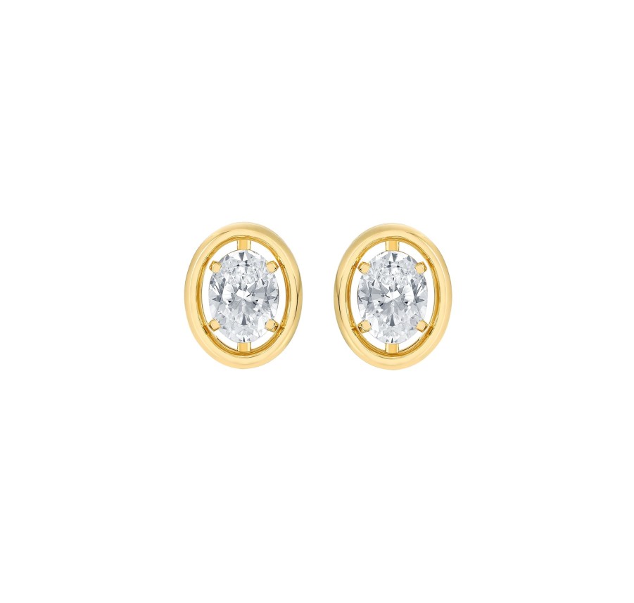 Earrings Smiling Rocks | Lab Grown 2.10Ctw Solitaire Oval Frame Earrings E-03739Wht Yellow Gold