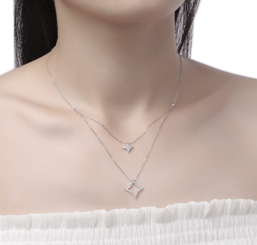 Necklaces Smiling Rocks | Double Layered 0.31Ctw Lab Grown Diamonds Sparkle Necklace Nl-00682Wht White Gold