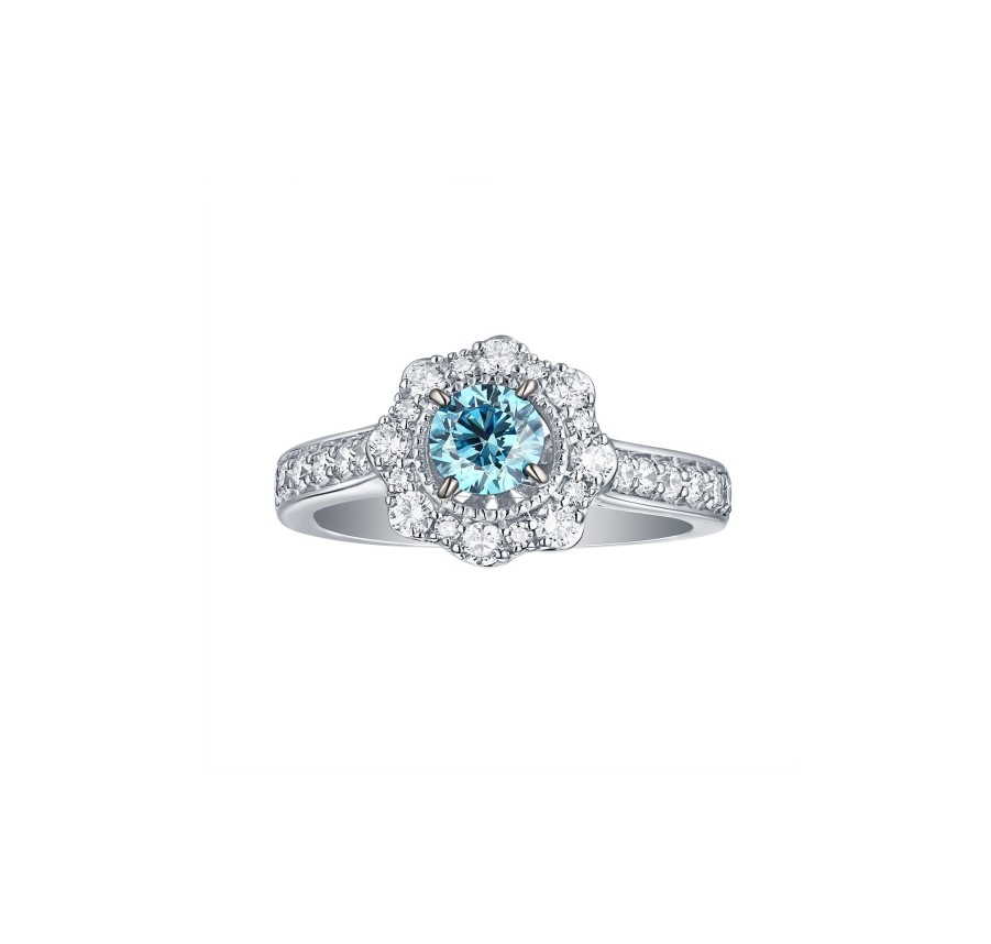 Rings Smiling Rocks | Blush Blue Halo Flower 1.15Ctw Ring R-00468Blu White Gold